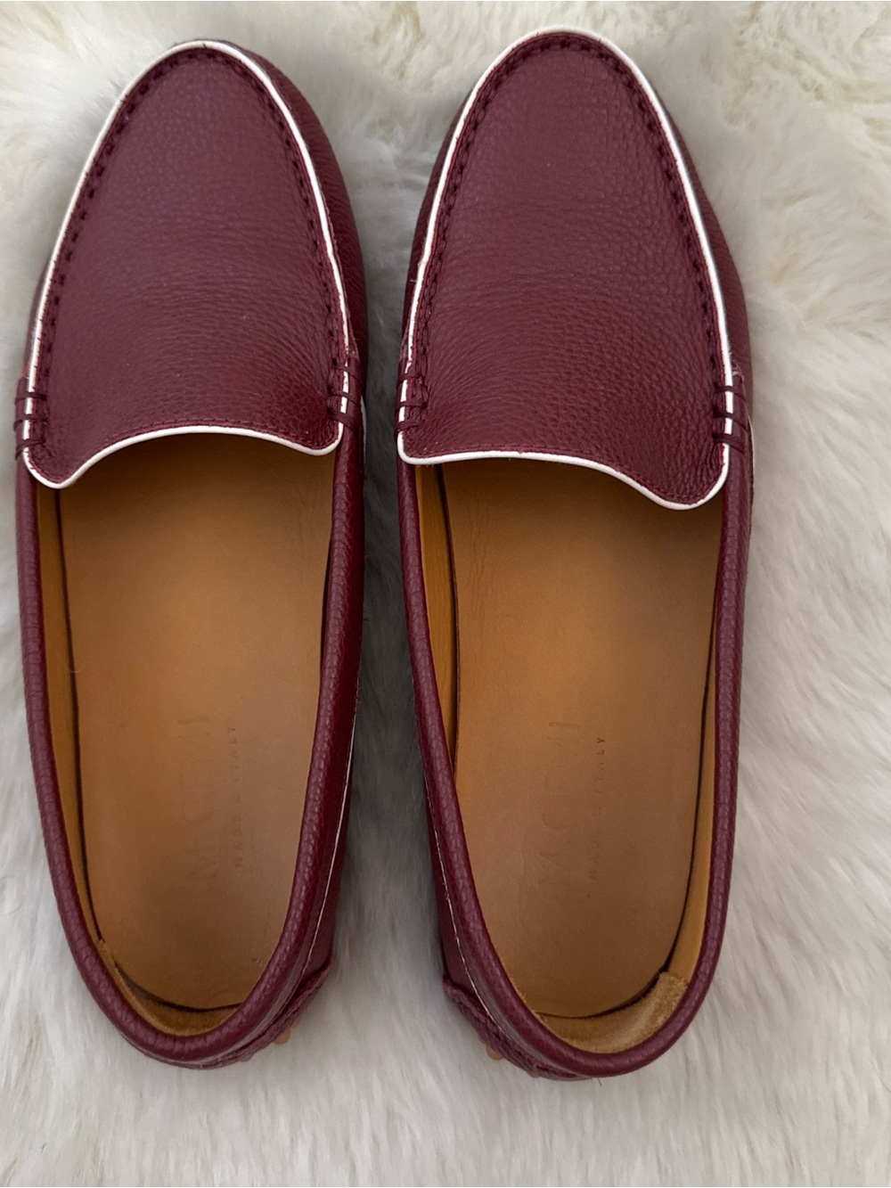 Wine Red Leather Loafers with White Piping
